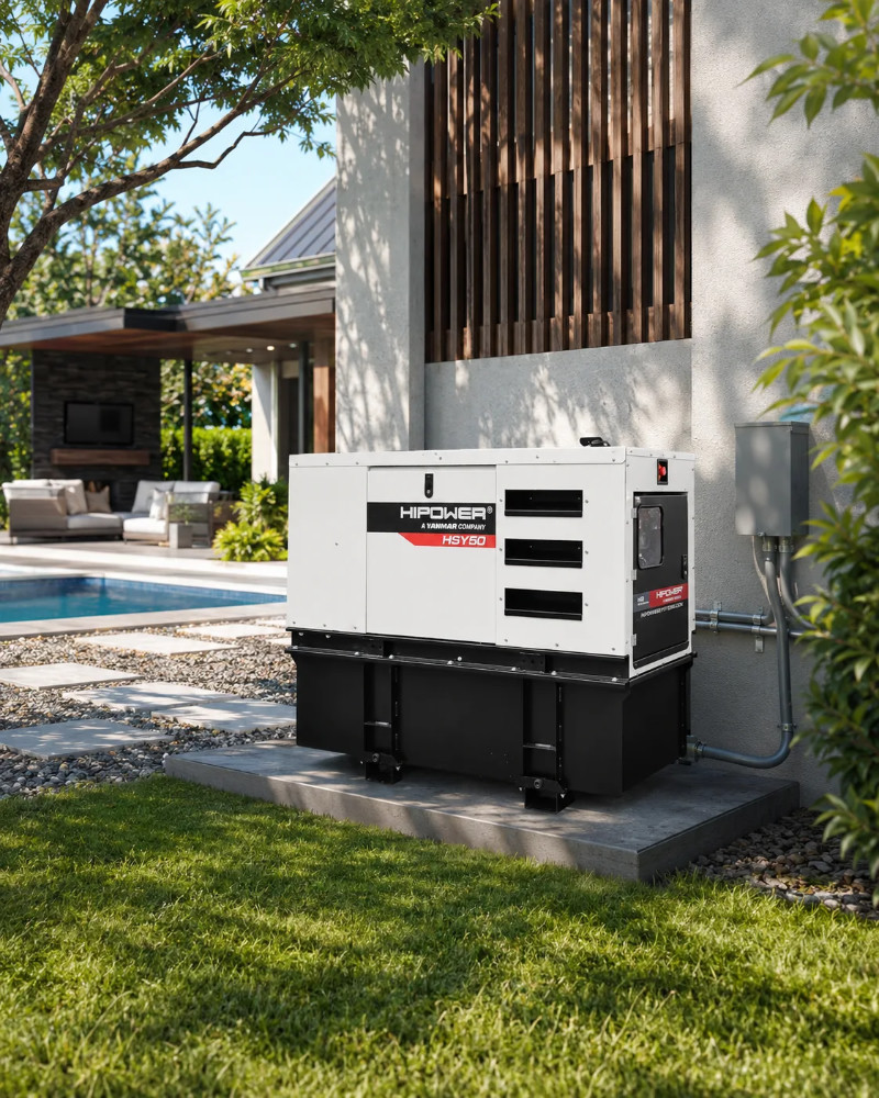 Generador HIPOWER HSY instalado en una residencia moderna con piscina